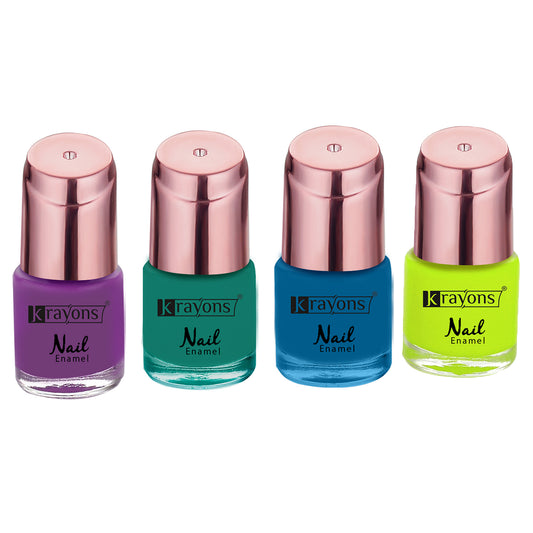 Krayons Crazy Gel Nail Enamel, Waterproof, Longlasting, 8ml Each, Multicolor, Pack of 4 (Diamond Green, Neon Yellow, True Purple, Blue Eyed Girl)