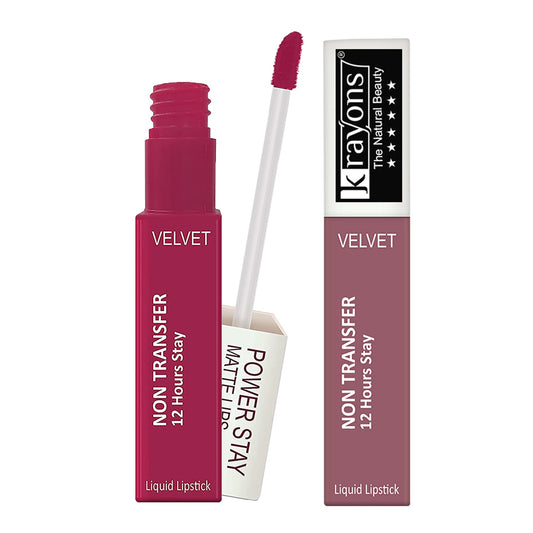 Krayons Power Stay Nontransfer 12hrs Stay Matte Liquid Lipstick, Mask Proof, 4ml Each, Combo, Pack of 2 (Pink Glam, Mauve Glaze)