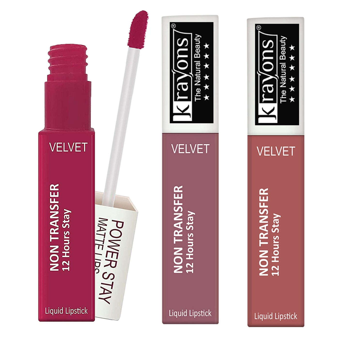 Krayons Power Stay Nontransfer 12hrs Stay Matte Liquid Lipstick, Mask Proof, 4ml Each, Combo, Pack of 3 (Pink Glam, Mauve Glaze, Wow Nude)