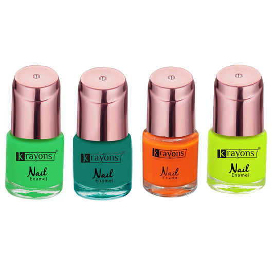 Krayons Crazy Gel Nail Enamel, Waterproof, Longlasting, 8ml Each, Multicolor, Pack of 4 (Diamond Green, Neon Yellow, Neon Green, Neon Orange)