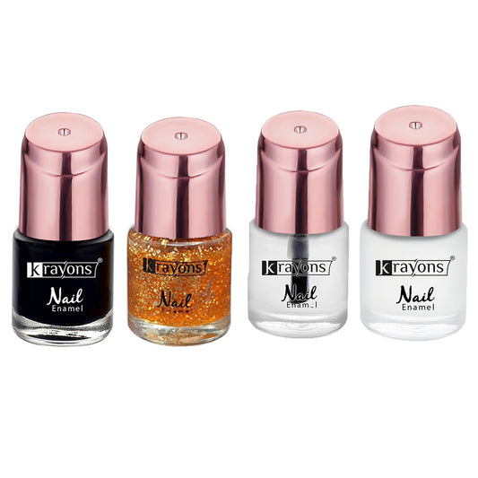 Krayons Crazy Gel Nail Enamel, Waterproof, Longlasting, 8ml Each, Multicolor, Pack of 4 (White Snow, Top Coat, Black Shadow, Shimmer Golden)