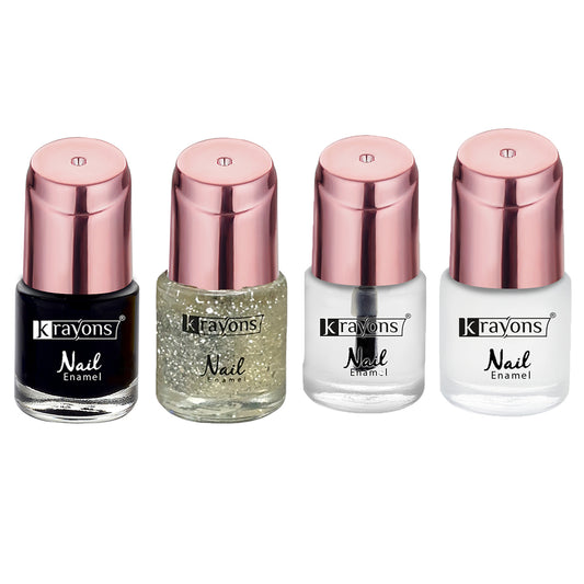 Krayons Crazy Gel Nail Enamel, Waterproof, Longlasting, 8ml Each, Multicolor, Pack of 4 (White Snow, Top Coat, Black Shadow, Shimmer Silver)