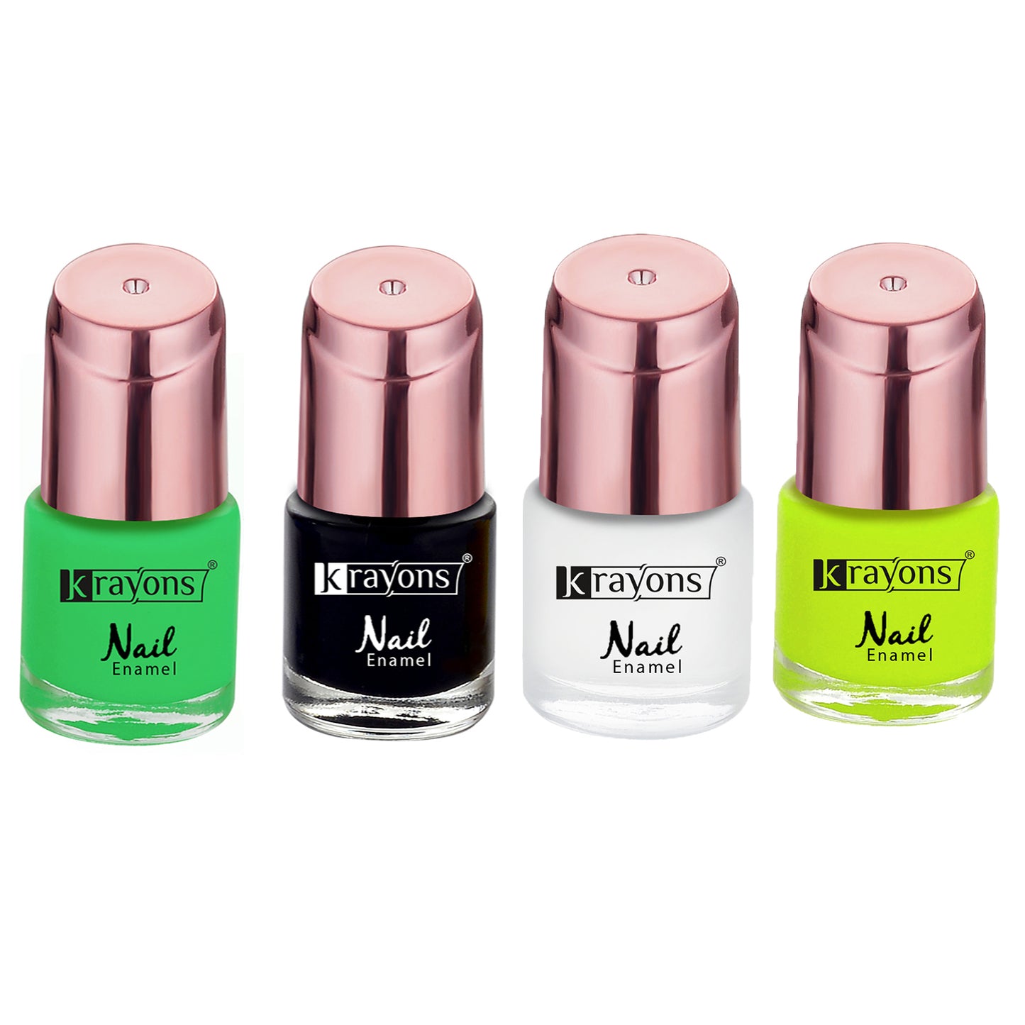 Krayons Crazy Gel Nail Enamel, Waterproof, Longlasting, 8ml Each, Multicolor, Pack of 4 (Neon Yellow, Neon Green, Black Shadow, White Snow)