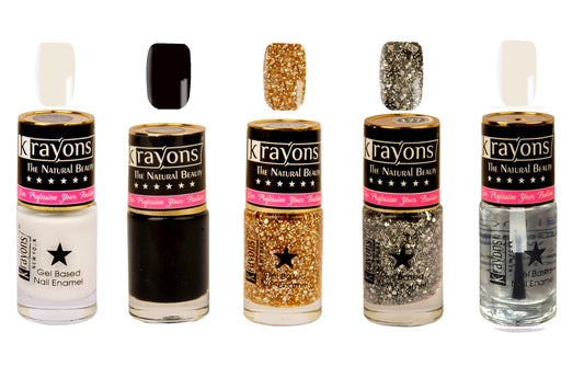 Krayons Gel Base Glossy Effect Nail Polish Enamel Color, Waterproof, Longlasting, 6ml Each, Combo, Pack of 5 (White Canvas, Black Sea, Shimmer Golden, Shimmer Silver, Top Coat)