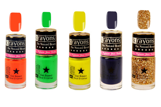Krayons Gel Base Glossy Effect Nail Polish Enamel Color, Waterproof, Longlasting, 6ml Each, Combo, Pack of 5 (Neon Orange, Neon Green, Neon Yellow, Deep Blue, Shimmer Golden)