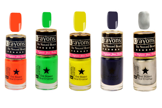 Krayons Gel Base Glossy Effect Nail Polish Enamel Color, Waterproof, Longlasting, 6ml Each, Combo, Pack of 5 (Neon Orange, Neon Green, Neon Yellow, Deep Blue, Silver Grey)