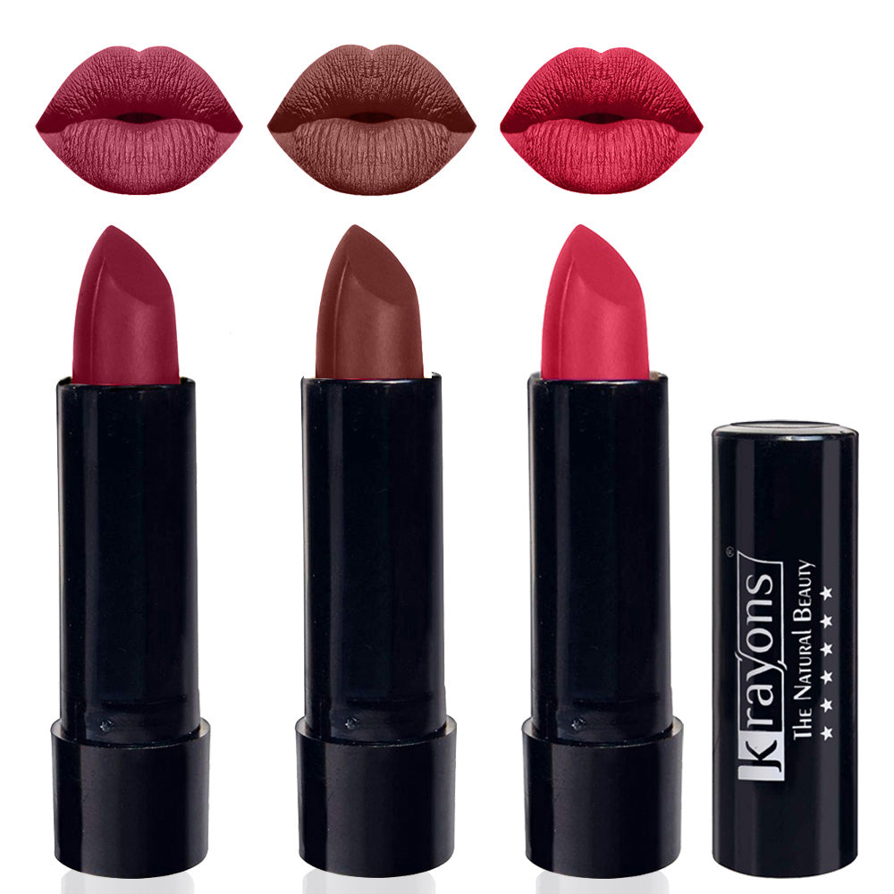 Krayons Cute Matte Lipstick, Waterproof, Longlasting, 3.5gm Each, Pack of 3 (Shocking Pink, Brick Tone, First Crush )