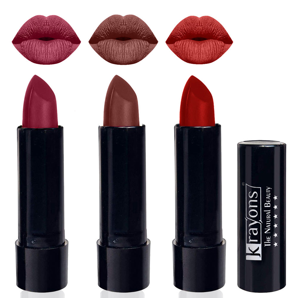 Krayons Cute Matte Lipstick, Waterproof, Longlasting, 3.5gm Each, Pack of 3 (Shocking Pink, Brick Tone, Centre Stage)
