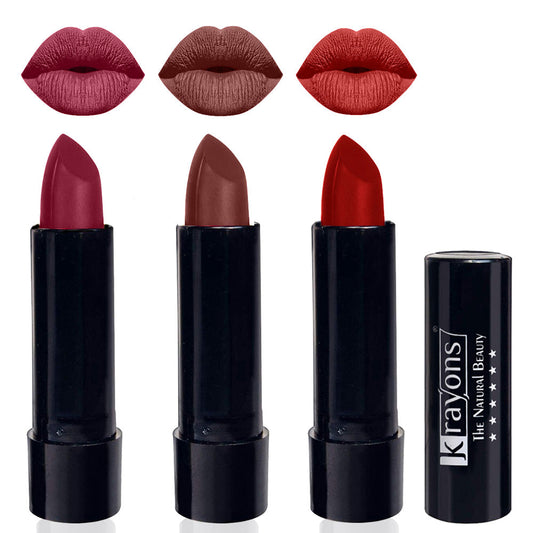 Krayons Cute  Matte Lipstick, Waterproof, Longlasting, 3.5gm Each, Pack of 3 (Shocking Pink, Brick Tone, Centre Stage)