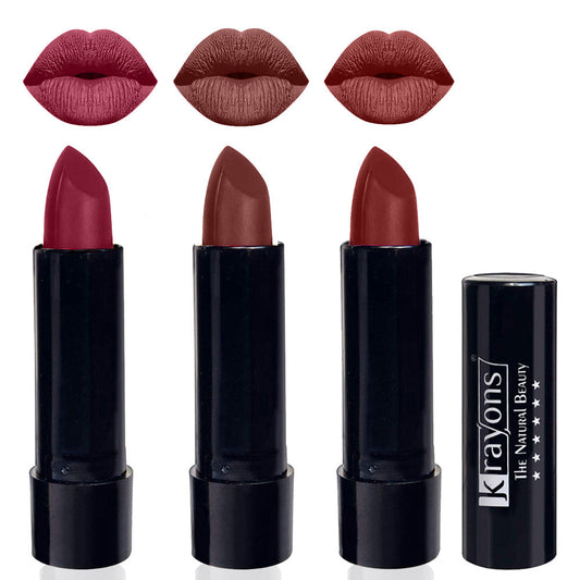 Krayons Cute  Matte Lipstick, Waterproof, Longlasting, 3.5gm Each, Pack of 3 (Shocking Pink, Brick Tone, Cherry Maroon)