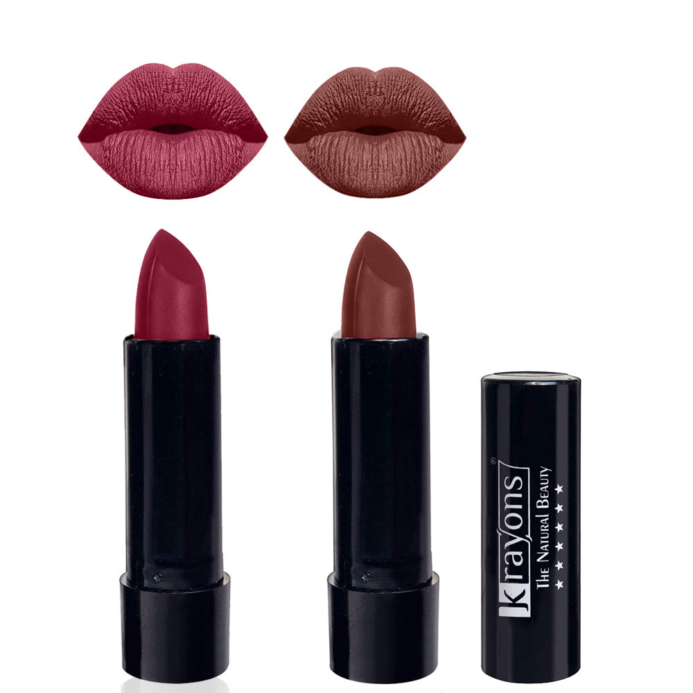 Krayons Cute Matte Lipstick, Waterproof, Longlasting, 3.5gm Each, Pack of 2 (Shocking Pink, Brick Tone)