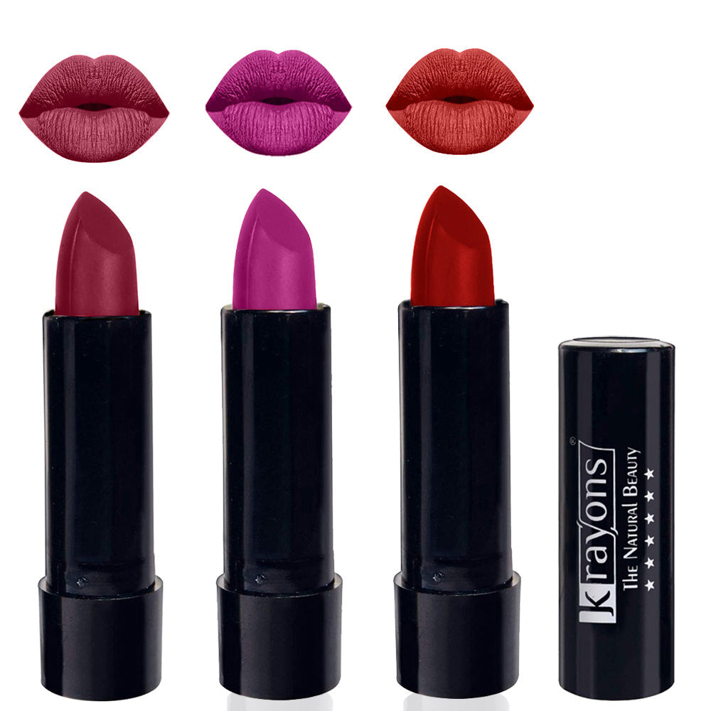 Krayons Cute Matte Lipstick, Waterproof, Longlasting, 3.5gm Each, Pack of 3 (Shocking Pink, French Rose, Centre Stage)