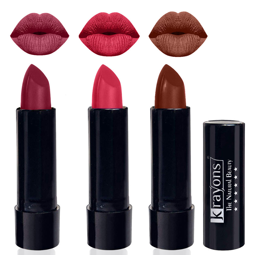 Krayons Cute Matte Lipstick, Waterproof, Longlasting, 3.5gm Each, Pack of 3 (Shocking Pink, First Crush, Chocolate Mocha)