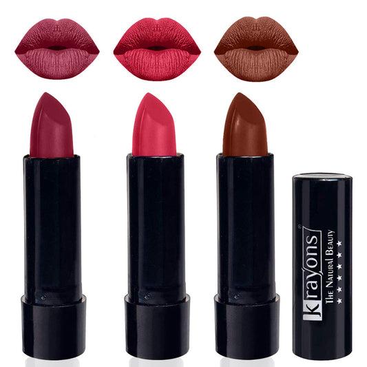 Krayons Cute  Matte Lipstick, Waterproof, Longlasting, 3.5gm Each, Pack of 3 (Shocking Pink, First Crush, Chocolate Mocha)