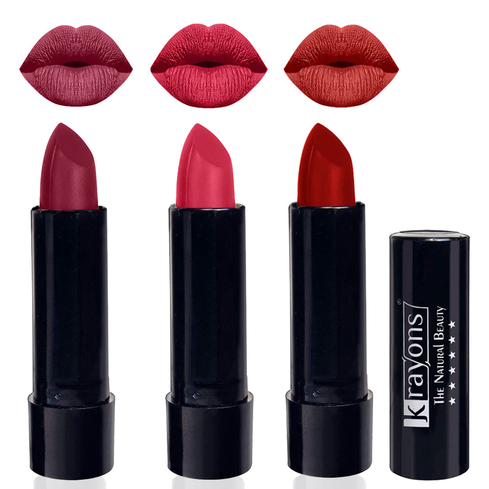 Krayons Cute Matte Lipstick, Waterproof, Longlasting, 3.5gm Each, Pack of 3 (Shocking Pink, First Crush, Centre Stage)