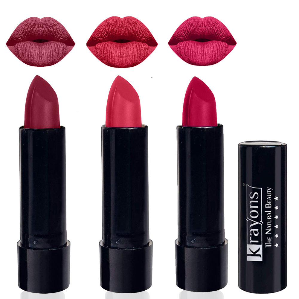 Krayons Cute Matte Lipstick, Waterproof, Longlasting, 3.5gm Each, Pack of 3 (Shocking Pink, First Crush, Pink Lips)