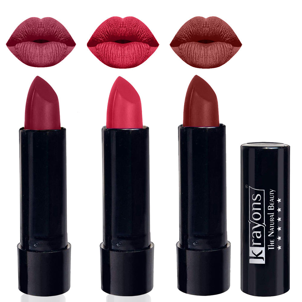 Krayons Cute Matte Lipstick, Waterproof, Longlasting, 3.5gm Each, Pack of 3 (Shocking Pink, First Crush, Cherry Maroon)
