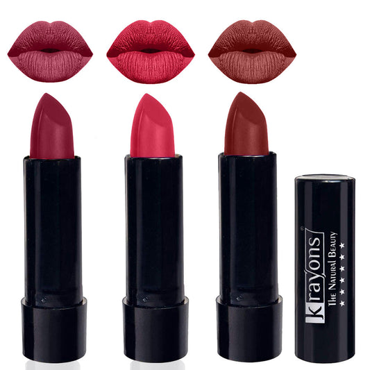 Krayons Cute  Matte Lipstick, Waterproof, Longlasting, 3.5gm Each, Pack of 3 (Shocking Pink, First Crush, Cherry Maroon)