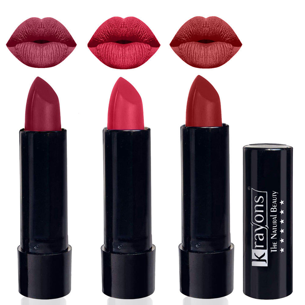Krayons Cute Matte Lipstick, Waterproof, Longlasting, 3.5gm Each, Pack of 3 (Shocking Pink, First Crush, Signal Red)