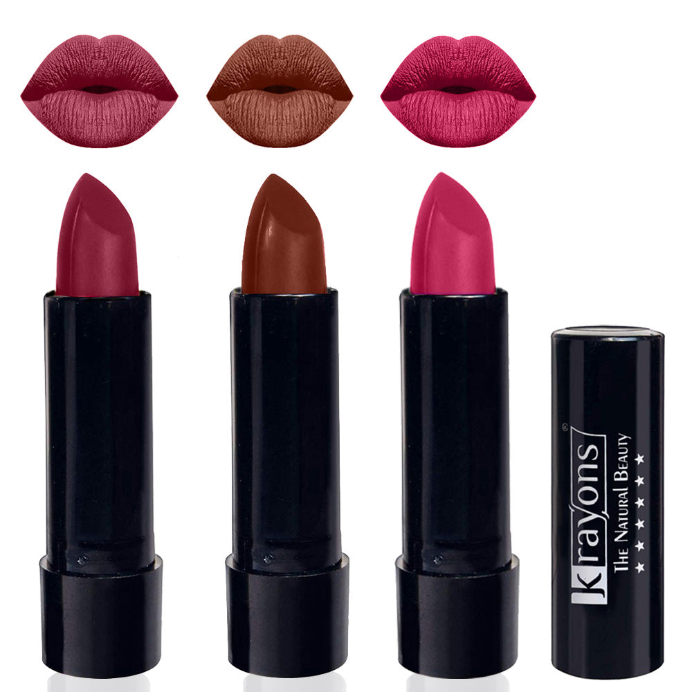 Krayons Cute Matte Lipstick, Waterproof, Longlasting, 3.5gm Each, Pack of 3 (Shocking Pink, Chocolate Mocha Angel Pink)
