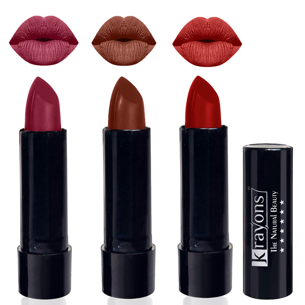 Krayons Cute Matte Lipstick, Waterproof, Longlasting, 3.5gm Each, Pack of 3 (Shocking Pink, Chocolate Mocha, Centre Stage)