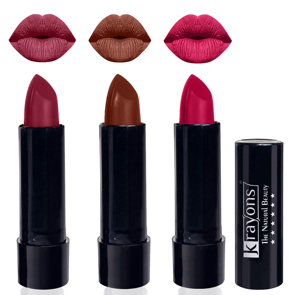 Krayons Cute Matte Lipstick, Waterproof, Longlasting, 3.5gm Each, Pack of 3 (Shocking Pink, Chocolate Mocha, Pink Lips)