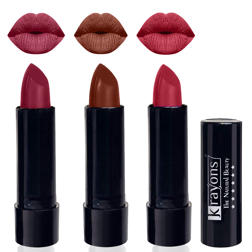 Krayons Cute Matte Lipstick, Waterproof, Longlasting, 3.5gm Each, Pack of 3 (Shocking Pink, Chocolate Mocha, Orange Tango)