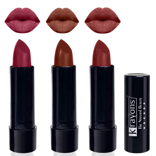 Krayons Cute  Matte Lipstick, Waterproof, Longlasting, 3.5gm Each, Pack of 3 (Shocking Pink, Chocolate Mocha, Cherry Maroon)