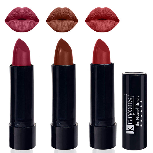 Krayons Cute  Matte Lipstick, Waterproof, Longlasting, 3.5gm Each, Pack of 3 (Shocking Pink, Chocolate Mocha, Signal Red)