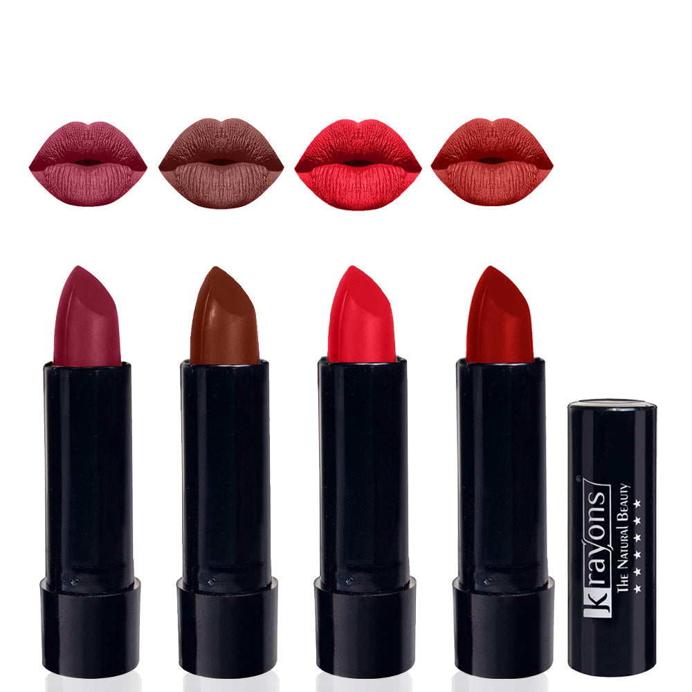 Krayons Cute Matte Lipstick, Waterproof, Longlasting, 3.5gm Each, Pack of 4 (Shocking Pink, Chocolate Mocha, Orange Crush, Centre Stage)