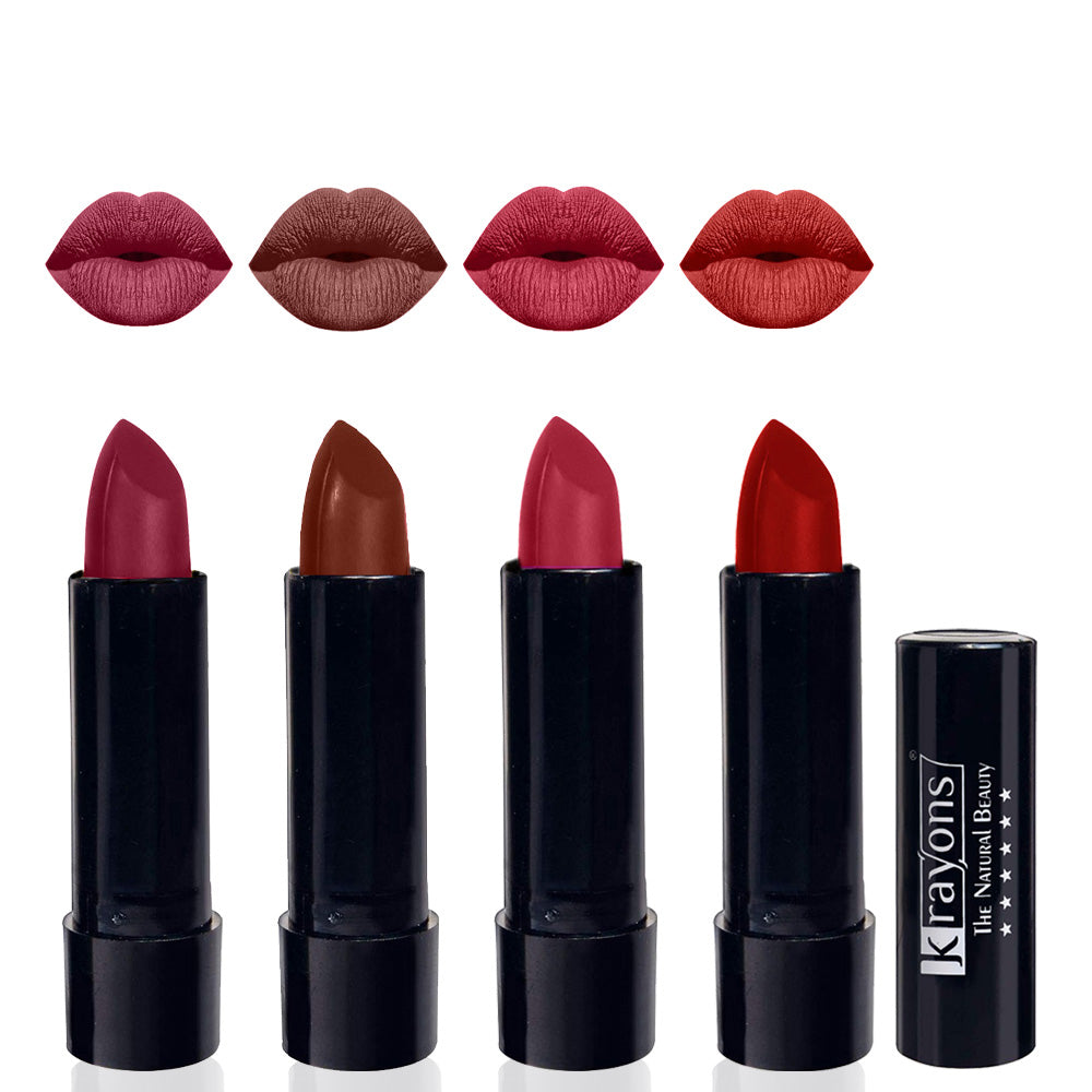 Krayons Cute Matte Lipstick, Waterproof, Longlasting, 3.5gm Each, Pack of 4 (Shocking Pink, Chocolate Mocha, Orange Tango, Centre Stage)