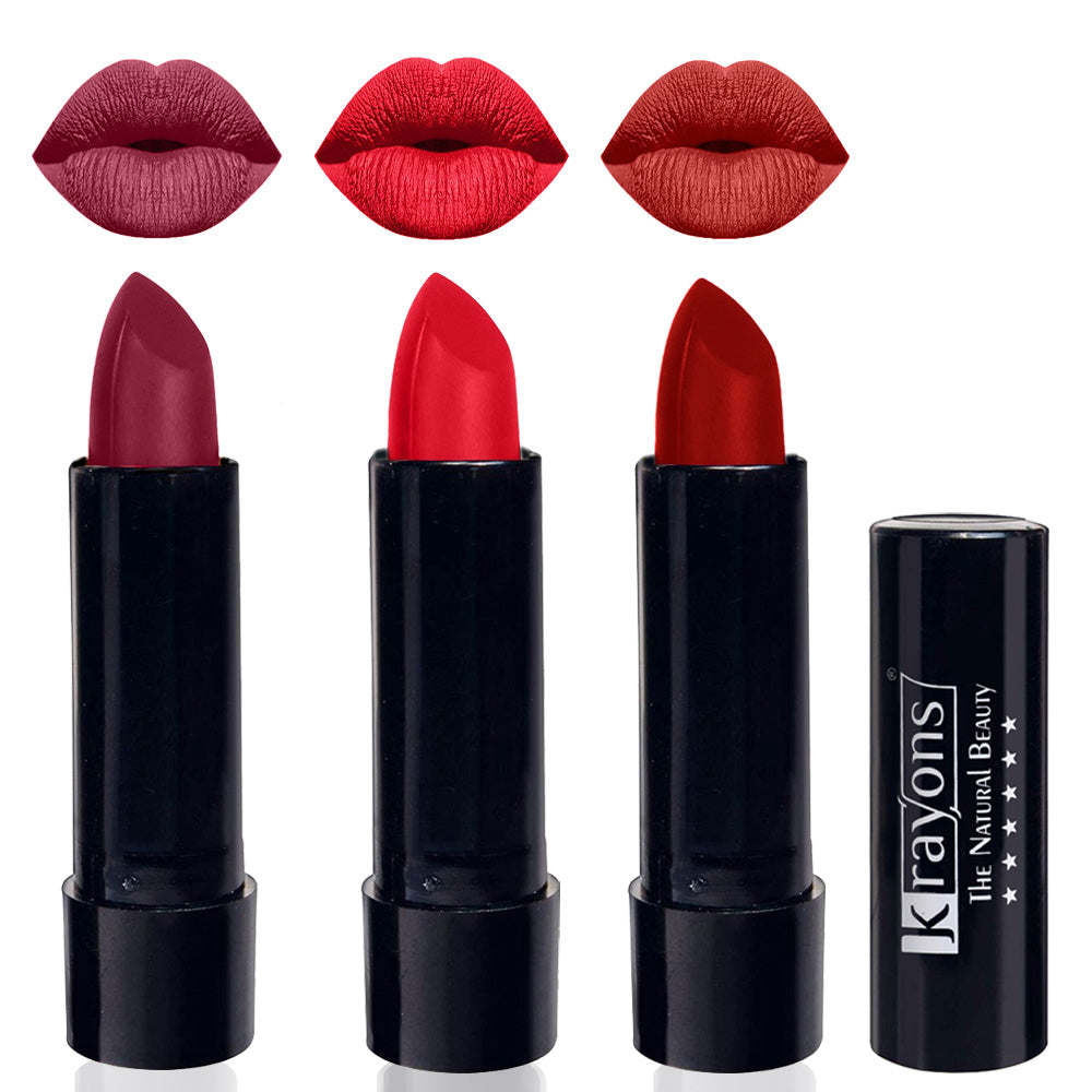 Krayons Cute Matte Lipstick, Waterproof, Longlasting, 3.5gm Each, Pack of 3 (Shocking Pink, Orange Crush, Centre Stage)
