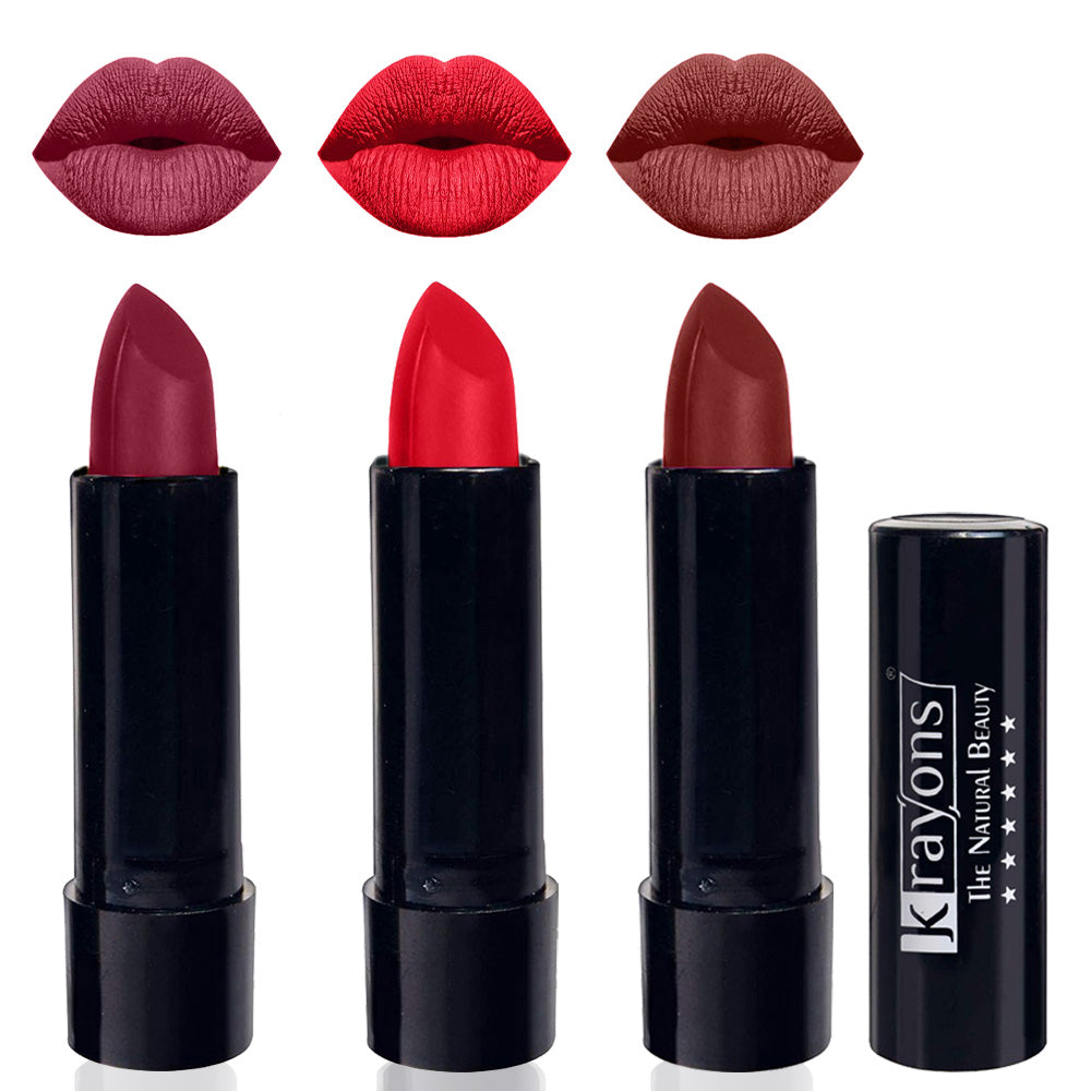 Krayons Cute Matte Lipstick, Waterproof, Longlasting, 3.5gm Each, Pack of 3 (Shocking Pink, Orange Crush, Cherry Maroon)