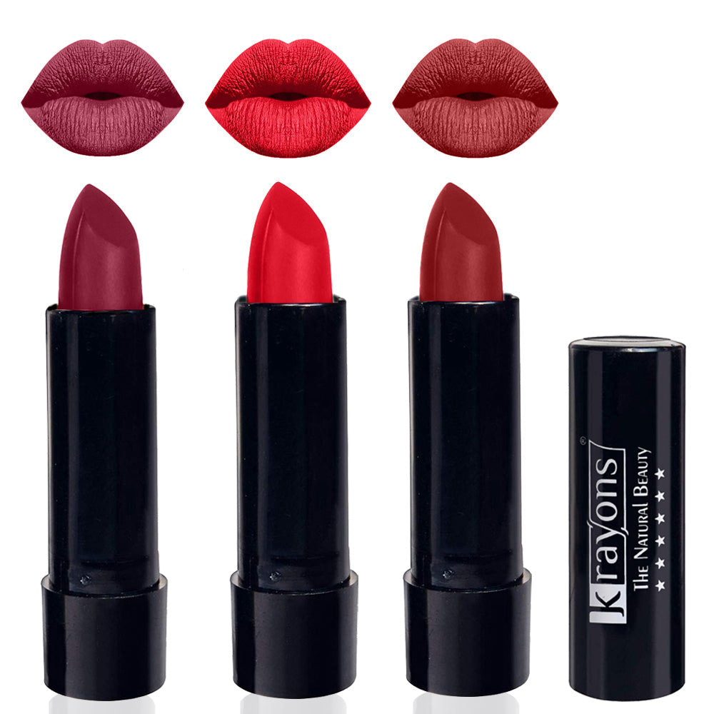 Krayons Cute Matte Lipstick, Waterproof, Longlasting, 3.5gm Each, Pack of 3 (Shocking Pink, Orange Crush, Signal Red)