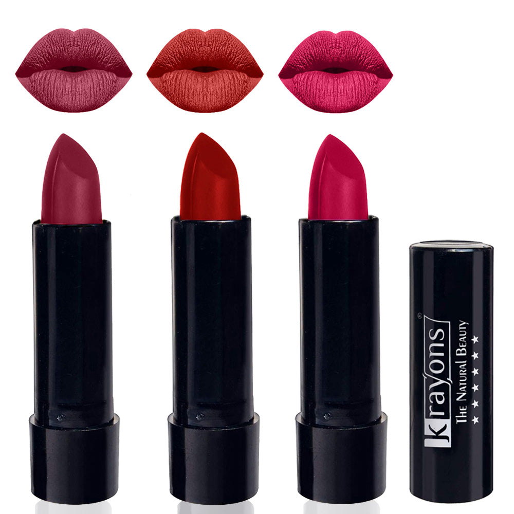 Krayons Cute Matte Lipstick, Waterproof, Longlasting, 3.5gm Each, Pack of 3 (Shocking Pink, Centre Stage, Pink Lips)