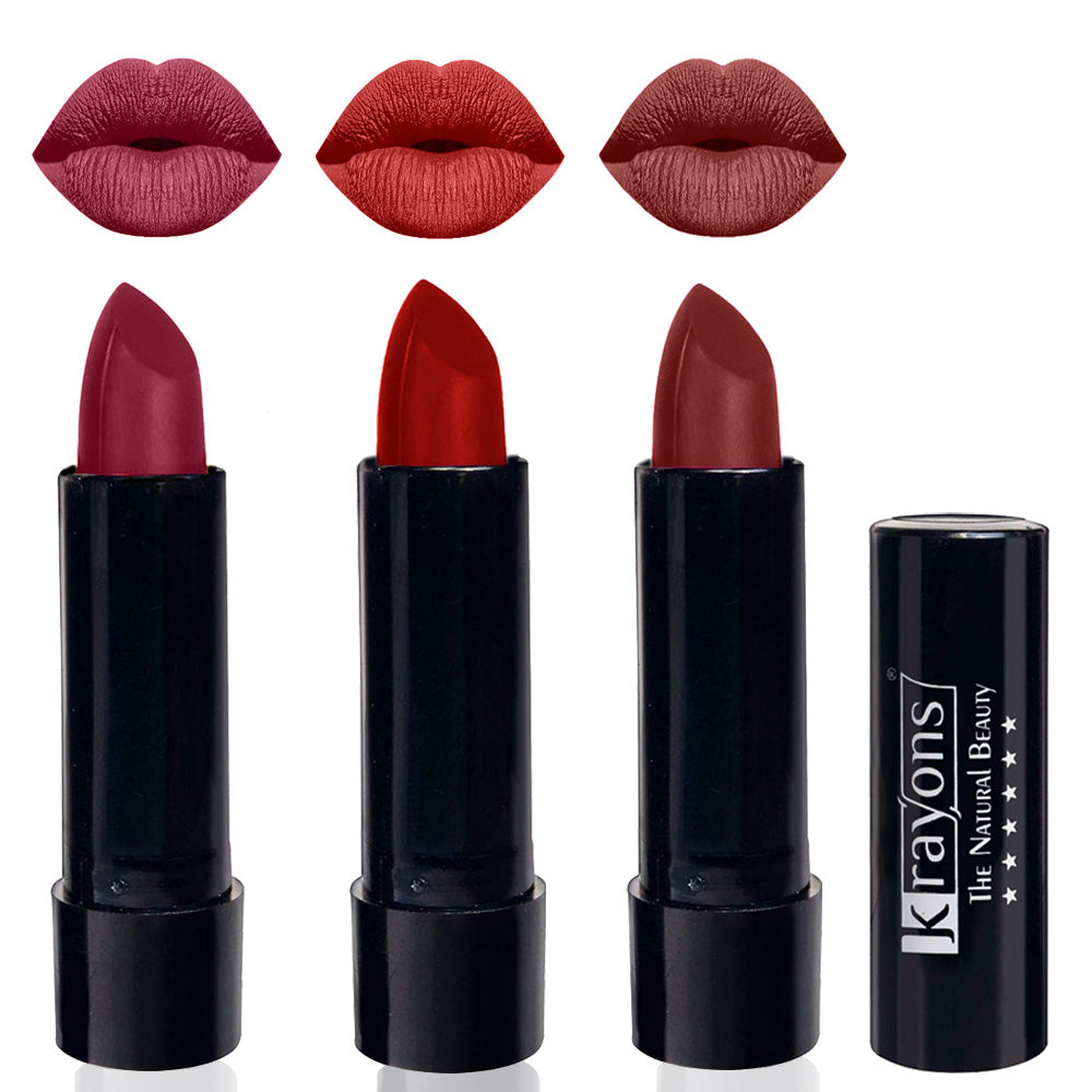 Krayons Cute Matte Lipstick, Waterproof, Longlasting, 3.5gm Each, Pack of 3 (Shocking Pink, Centre Stage, Cherry Maroon)