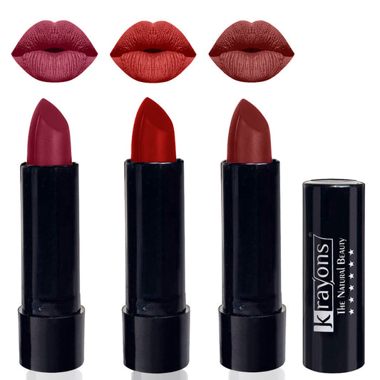 Krayons Cute  Matte Lipstick, Waterproof, Longlasting, 3.5gm Each, Pack of 3 (Shocking Pink, Centre Stage, Cherry Maroon)
