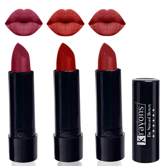 Krayons Cute  Matte Lipstick, Waterproof, Longlasting, 3.5gm Each, Pack of 3 (Shocking Pink, Centre Stage, Signal Red)