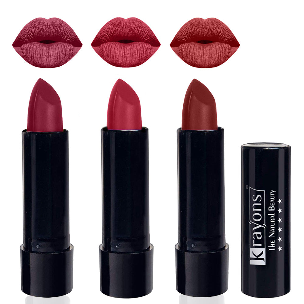 Krayons Cute Matte Lipstick, Waterproof, Longlasting, 3.5gm Each, Pack of 3 (Shocking Pink, Orange Tango, Cherry Maroon)