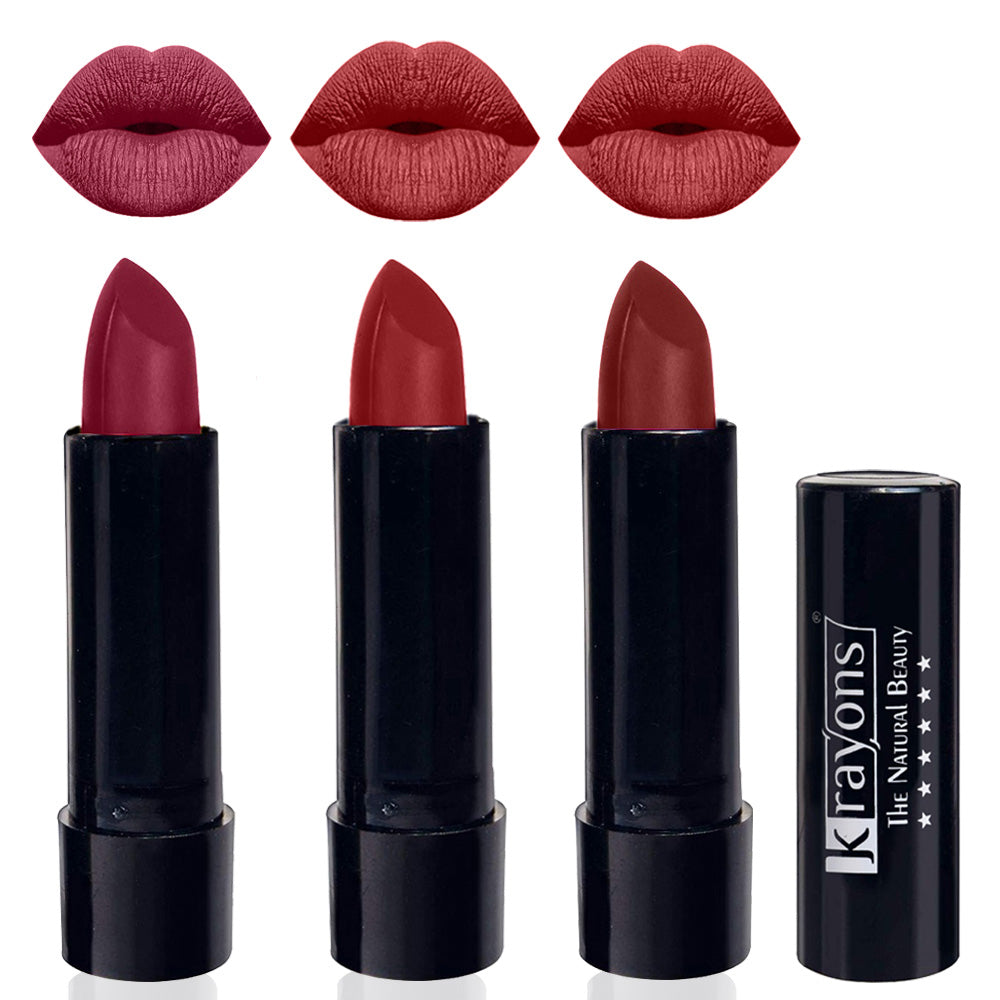 Krayons Cute Matte Lipstick, Waterproof, Longlasting, 3.5gm Each, Pack of 3 (Shocking Pink, Signal Red, Cherry Maroon)