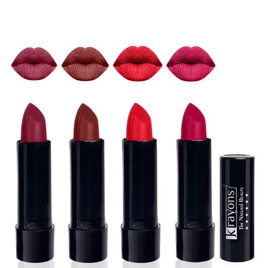 Krayons Cute  Matte Lipstick, Waterproof, Longlasting, 3.5gm Each, Pack of 4 (Shocking Pink, Cherry Maroon, Orange Crush, Pink Lips)