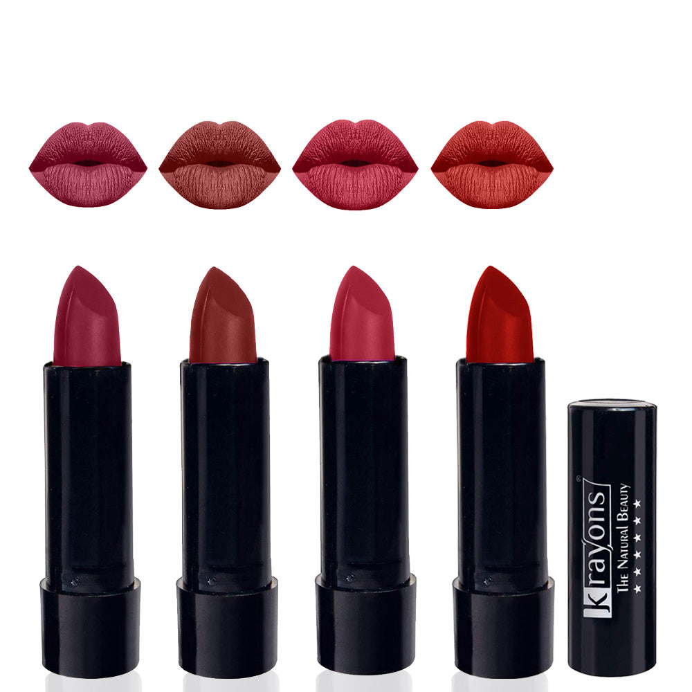 Krayons Cute Matte Lipstick, Waterproof, Longlasting, 3.5gm Each, Pack of 4 (Shocking Pink, Cherry Maroon, Orange Tango, Centre Stage)