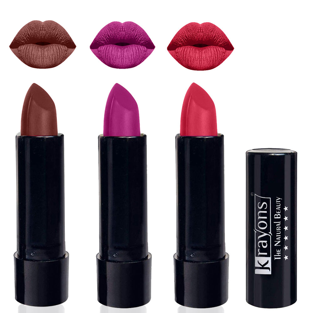 Krayons Cute Matte Lipstick, Waterproof, Longlasting, 3.5gm Each, Pack of 3 (Brick Tone, French Rose, First Crush)