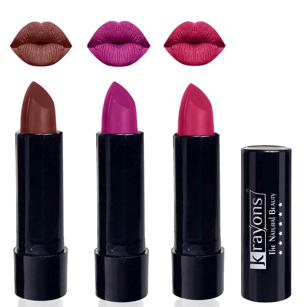 Krayons Cute Matte Lipstick, Waterproof, Longlasting, 3.5gm Each, Pack of 3 (Brick Tone, French Rose, Angel Pink)