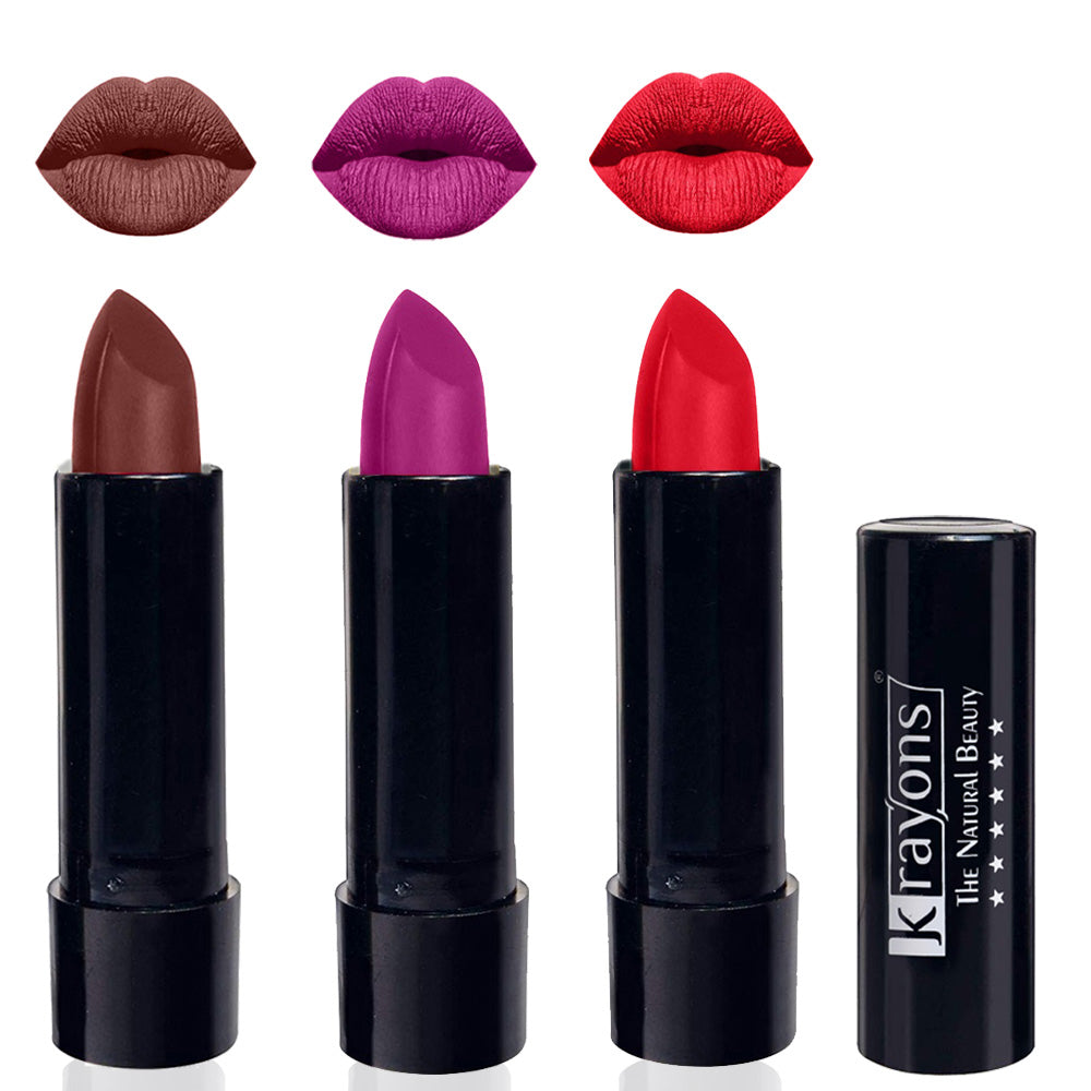 Krayons Cute Matte Lipstick, Waterproof, Longlasting, 3.5gm Each, Pack of 3 (Brick Tone, French Rose, Orange Crush)