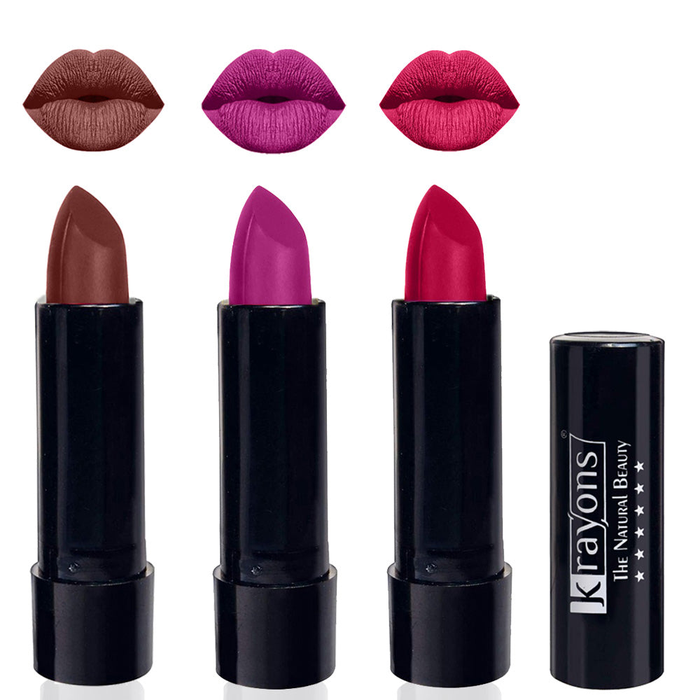Krayons Cute Matte Lipstick, Waterproof, Longlasting, 3.5gm Each, Pack of 3 (Brick Tone, French Rose, Pink Lips)