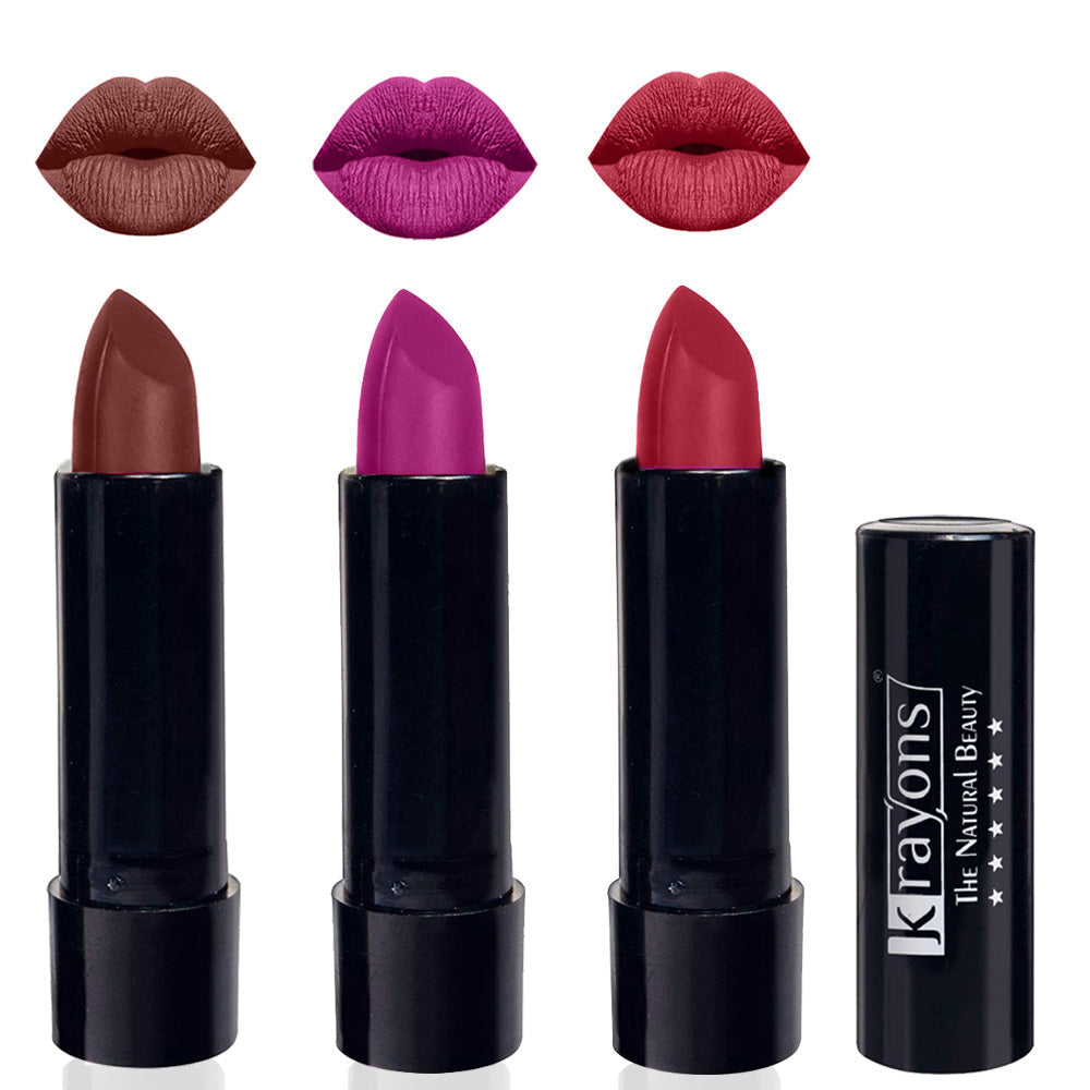 Krayons Cute Matte Lipstick, Waterproof, Longlasting, 3.5gm Each, Pack of 3 (Brick Tone, French Rose, Signal Red)