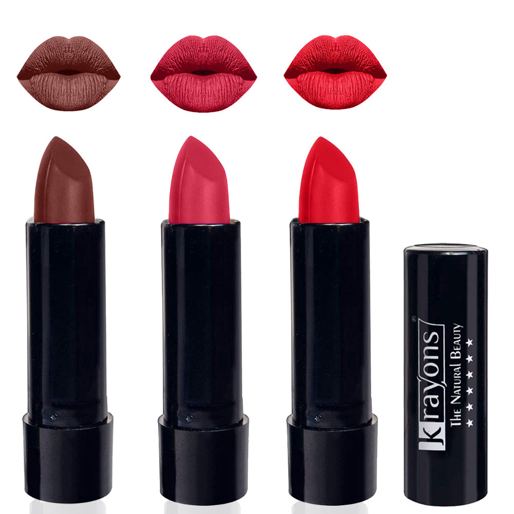 Krayons Cute Matte Lipstick, Waterproof, Longlasting, 3.5gm Each, Pack of 3 (Brick Tone, First Crush, Orange Crush)