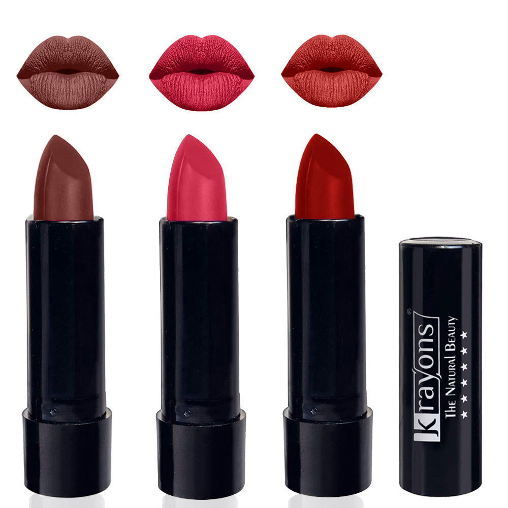 Krayons Cute Matte Lipstick, Waterproof, Longlasting, 3.5gm Each, Pack of 3 (Brick Tone, First Crush, Centre Stage)