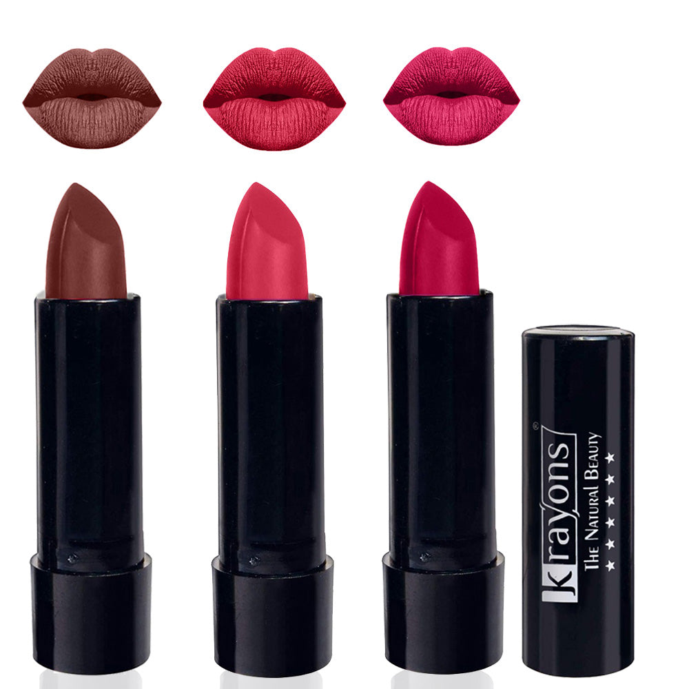 Krayons Cute Matte Lipstick, Waterproof, Longlasting, 3.5gm Each, Pack of 3 (Brick Tone, First Crush, Pink Lips)